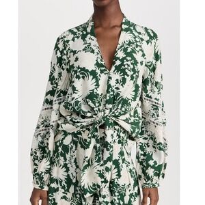 Figue Anastasia Knotted Blouse M Green Floral Tie Front Lace Sleeve Bohemian